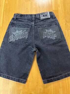 Vintage Southpole Y2K Black Denim Embroidered Jorts Baggy Skater Shorts Size 10